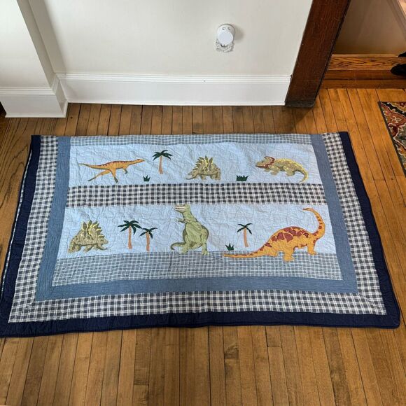 Pottery Barn Kids Twin Dinosaur Quilt Blue Denim Plaid Patchwork Rare - Picture 2 of 9